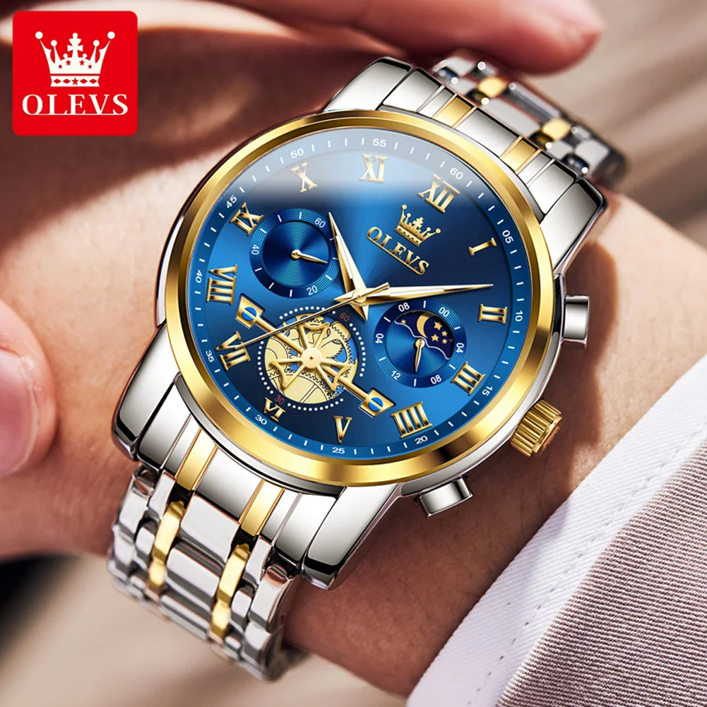 OLEVS Moon Phase Watch for Men Original Roman Dial High Quality Stainless steel Multi-function Wristwatch Luxury Brand Watch Men