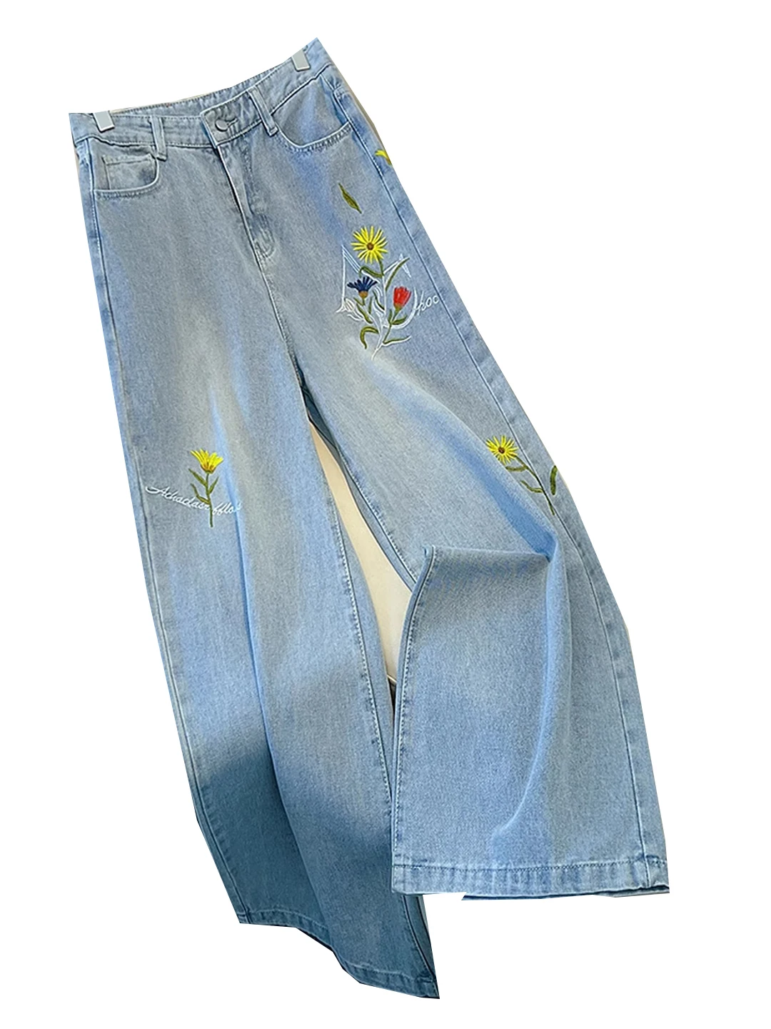السيدات موضة مطرزة واسعة الساق فضفاض الجينز المرأة 2025 صيف جديد رقيقة الدينيم السراويل المؤنث العصرية مستقيم سراويل جينز