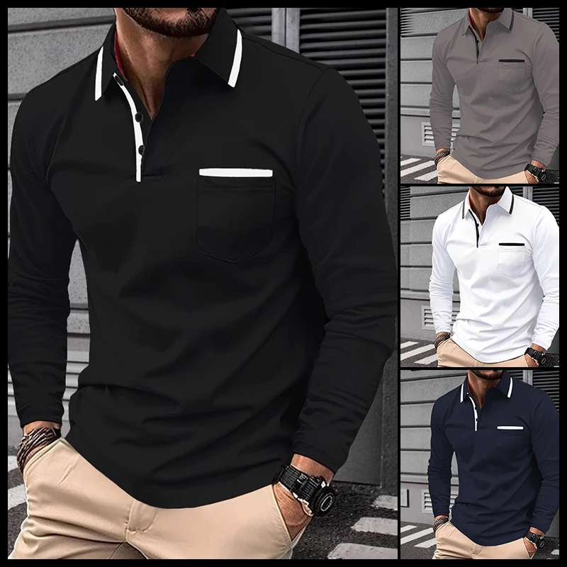 Polo informal de manga larga con bolsillos para hombre, tejido de punto 100% poliéster, estilo Regular, elástico de Color sólido, otoño