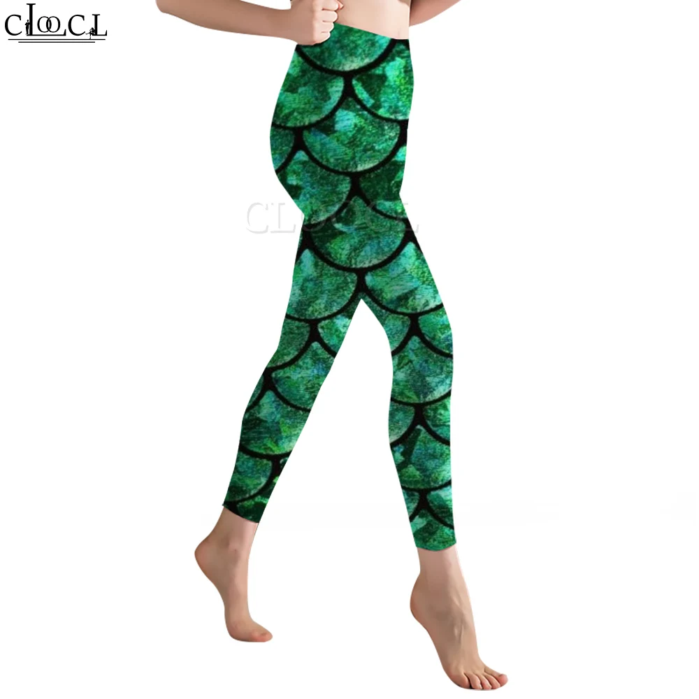 Cloocl mais nova moda feminina legging verde escuro padrão de escala de peixe legging para ginásio treino ao ar livre calças de jogging roupas esportivas