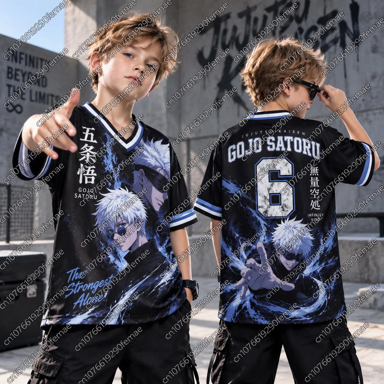 2026 Neues Gojo Satoru T-Shirt für Kinder, JUJUTSU KAISEN Anime, V-Ausschnitt, Jersey-Shirt, Sommerkleidung, Halloween- und Weihnachtsgeschenk, Oberteil für Jungen und Mädchen – Detail 8