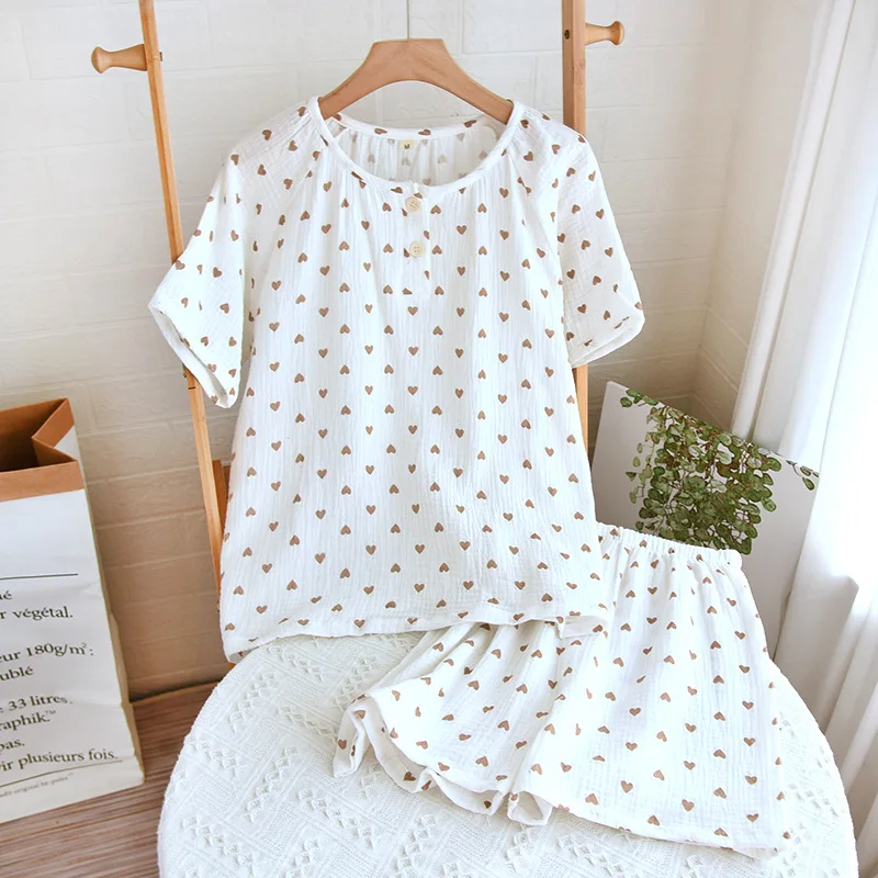 2024 Summer New Women\'s Pajamas Short Sleeve Shorts Set All Cotton Crepe Pullover Two Piece Loose Sweetheart Home Furnishing