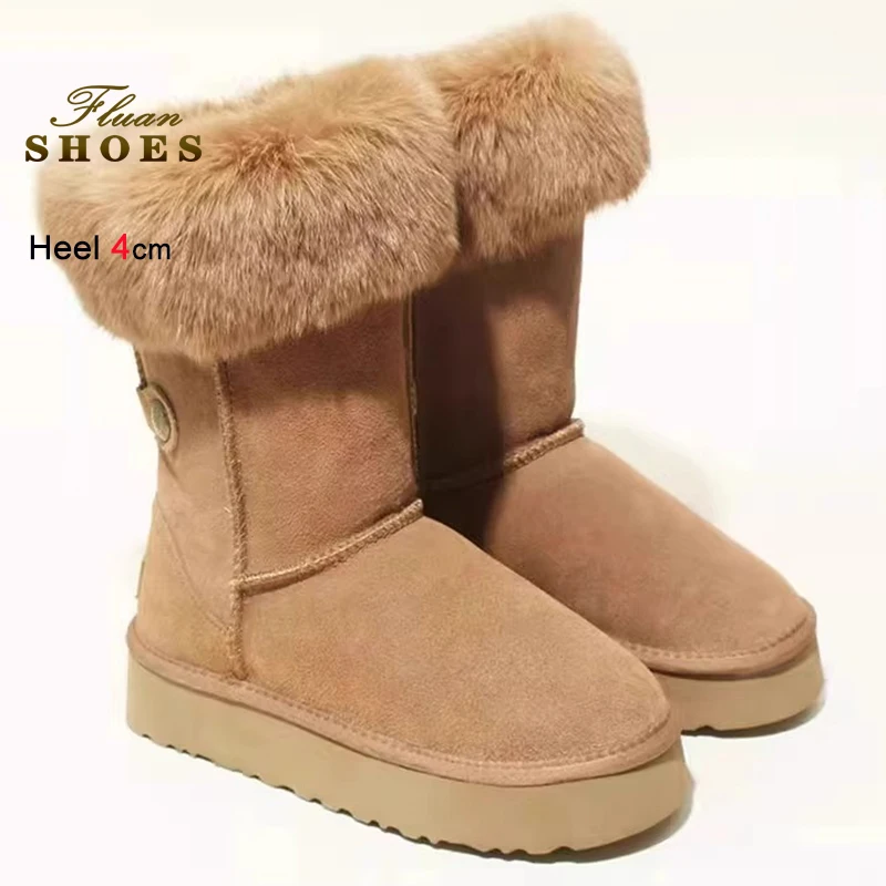

Winter Camel Colour Women's Snow Boots Round Toe Soft Warm Shoes Thick Bottom Heels 4cm Ladies Long Plush Mid-Calf Boots Size 40