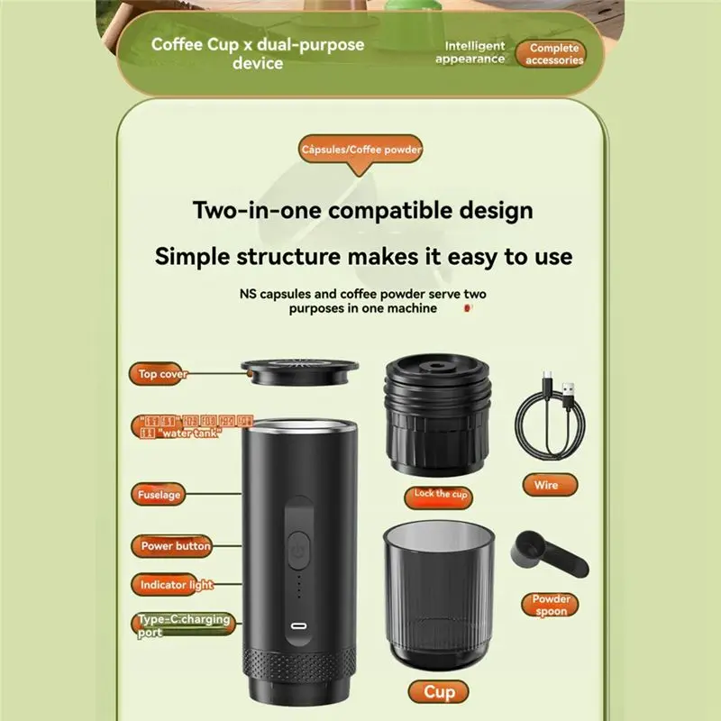B02C-Portable Espresso Maker With Heating Function Cordless Rechargeable Handheld Coffee Maker F For Home Car