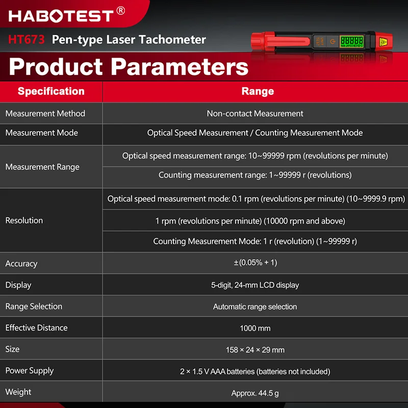 HT673 Digital Pen-Type Laser Tachometer 10-99999RPM 5-Digit LCD Dispaly Tachometer RPM Count Mode Non-Contact Speed Count Meter