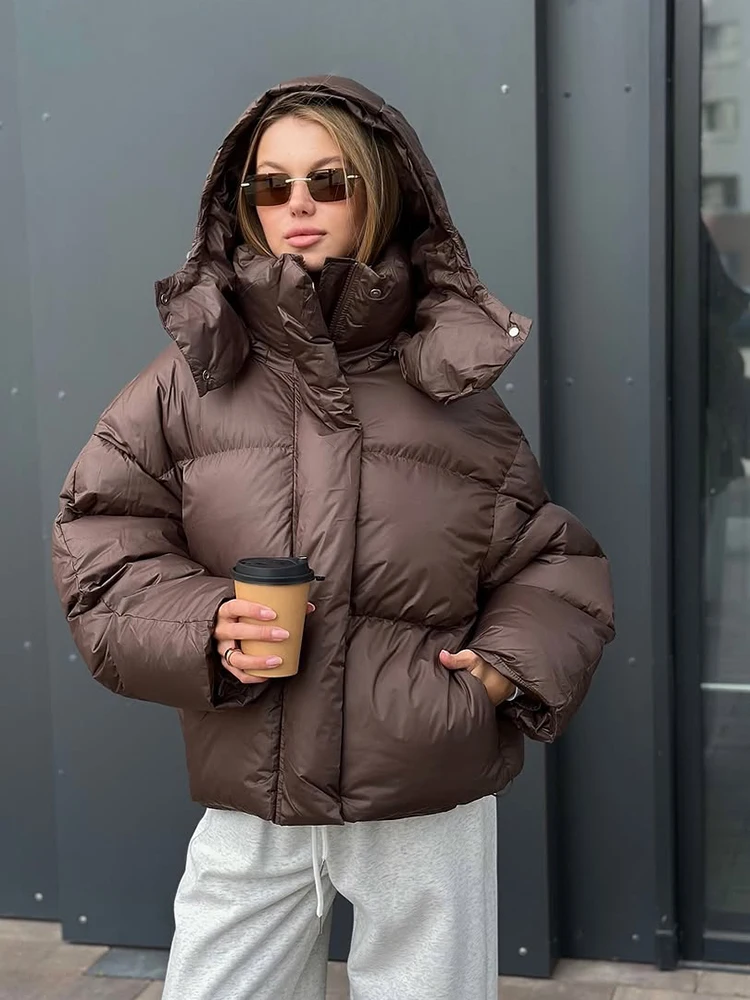Brown Hooded Short Cotton Coat Women Casual Stand Collar Long Sleeve Zipper Single Breasted Loose Coats Lady Winter Street Wear