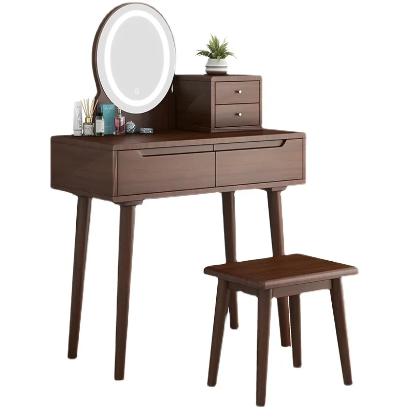 

Nordic solid wood dresser with lamp and mirror integrated simple small apartment bedroom ins makeup table drawer ins wind