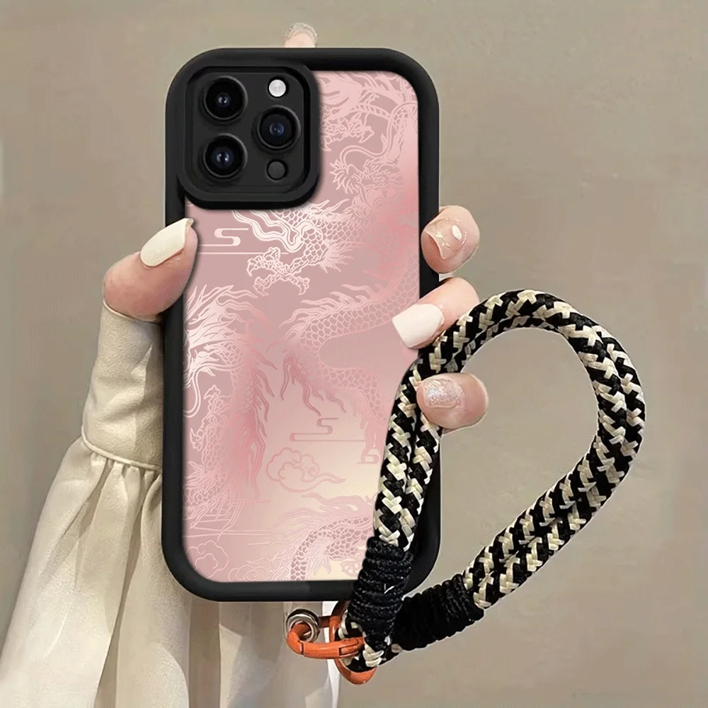 Hellweiße Drachenmuster-Handyhülle mit Trageriemen für iPhone 13 14 15 16 17 Pro Max 15 14 Plus 17E Stoßfeste Matte Silikonhülle – Detail 3