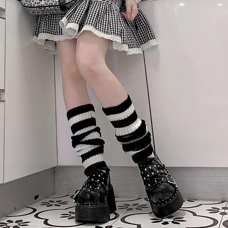 Women Lolita Goth Punk Leg Warmers Protector Classic Black White Striped Boot Cover Ribbed Knit Ruffled Knee High Socks