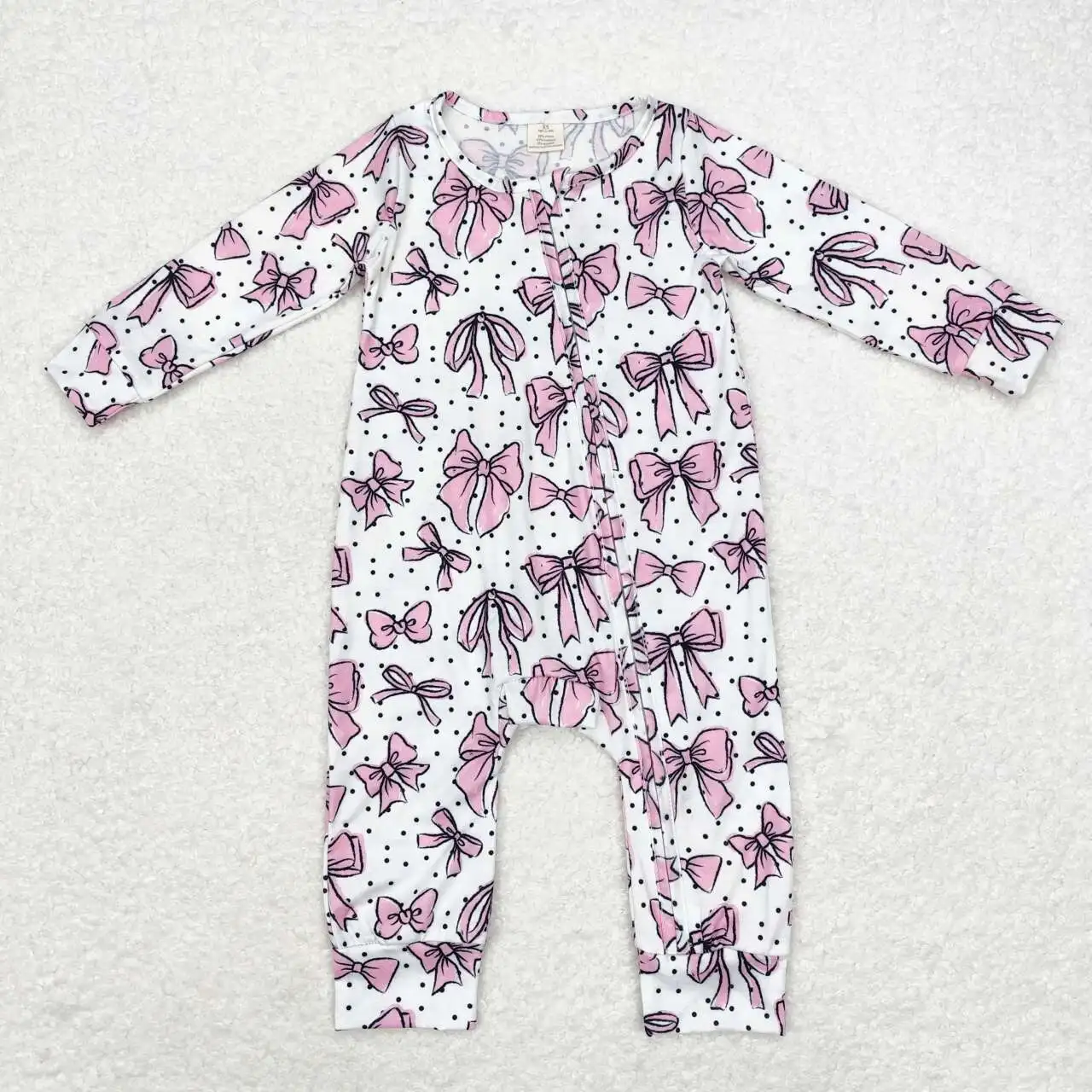 

RTS Infant Boutique Wholesale Clothing Baby Girls Bows Pink Winter Zip Bamboo Rompers Holiday Trendy Sleepers