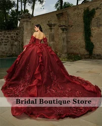 Luxury Burgundy Princess Quinceanera Dress Corset Gown Flower Crystals Beads Vestidos De 15 Años Birthday Party Gown  Customized