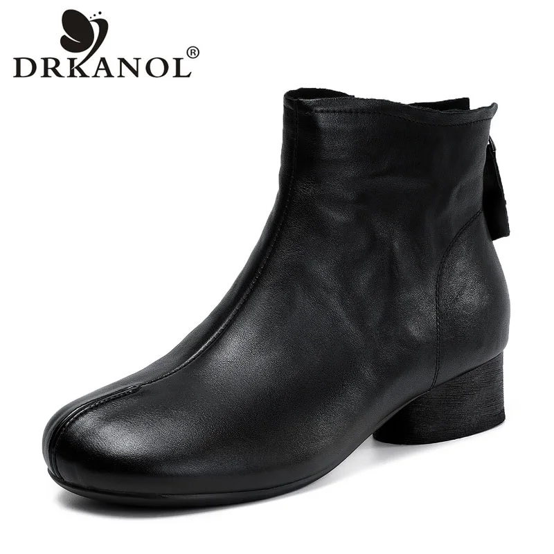 DRKANOL 2027 Women Thick Heel Ankle Boots Handmade Retro Style Back Zipper Genuine Leather Ankle Boots Ladies Winter Warm Shoes