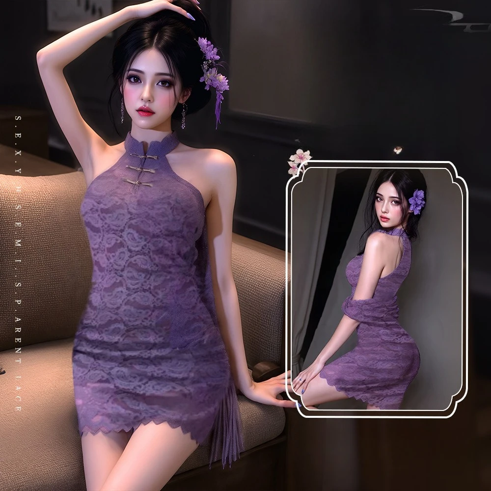 

Sexy Chinese Lingerie Dress New Oriental Style Off Shoulder Lace Cheongsam with Sheer Cape, Bodycon Pure Desire Flirty Nightwear