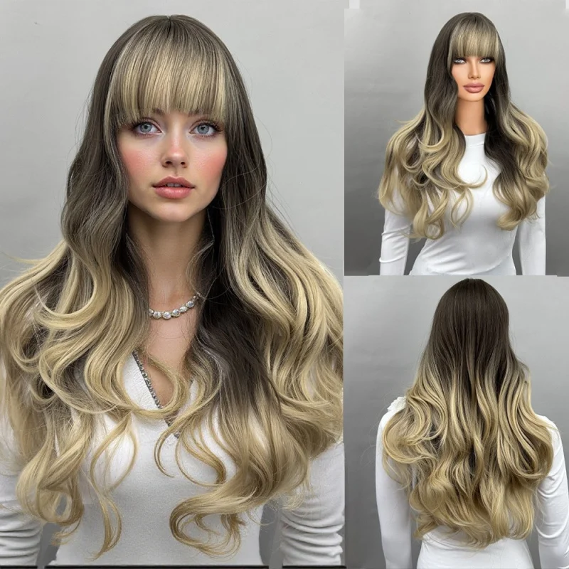 التدرج اللون مع الانفجارات الشعر الطويل موجة طويلة حليقة المرأة الألياف مقاومة للحرارة شعر مستعار القبعات
