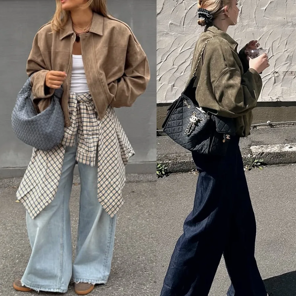 Dámská semišová bunda s dlouhým rukávem, bomber bunda, klopa, zip, módní oblečení, zkrácené závodní bundy, kabáty, svrchní oblečení, 2022 - náhled 4