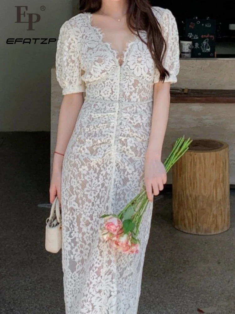 

Classic Lace Ivory White V-neck Diamond Trim Mid-length Dress Temperament Dress Dress Internet Celebrity Blogger Same Style