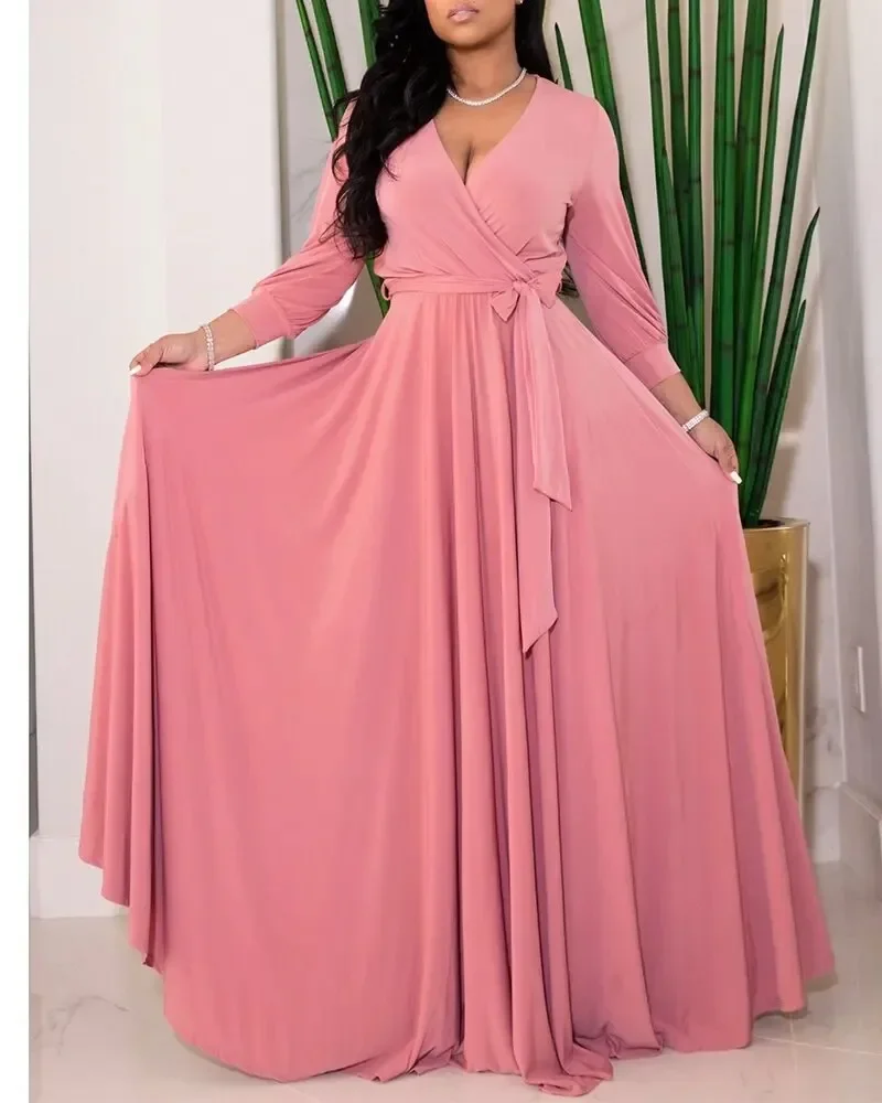 Robe longue pour femmes, couleur unie, col en v, taille élastique, manches longues, grande balançoire, ample, décontractée, surdimensionnée