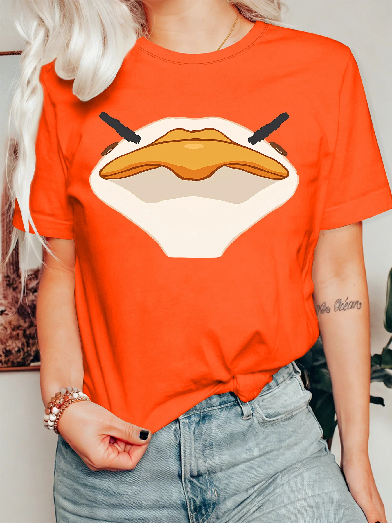 Cartoon Duck Large Beak Close Up Face Womens T Shirt Fun Quirky Animal Theme Graphic Tee Short Sleeve Casual Party Ladies Tops