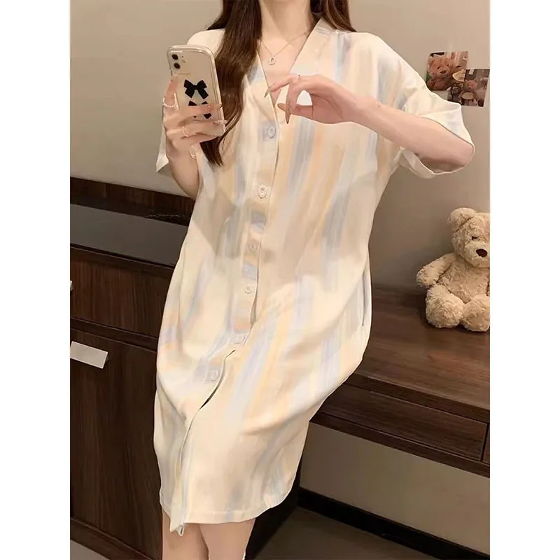 Striped Women Nightgown Summer Korean Sleepwear V-neck Night Dress Button One Piece Pajamas Short Sleeve Loose Home Wears 2024