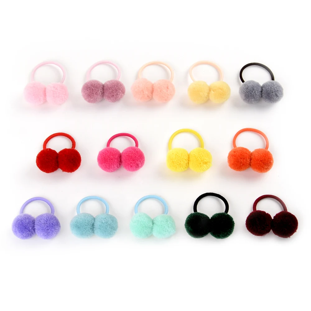 14 pcs/lot 1.4 "petite boule de fourrure Double solide avec corde élastique bandeau de cheveux fait à la main pour enfants filles accessoires de cheveux