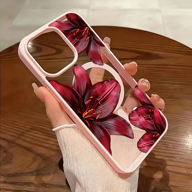 Burgunderrote Lilienblüten-Magnet-Schutzhülle für iPhone 11 12 13 14 Pro 15 16 17 Pro Max 16 Plus Air 17E 16E Stoßfeste Hülle – Detail 2
