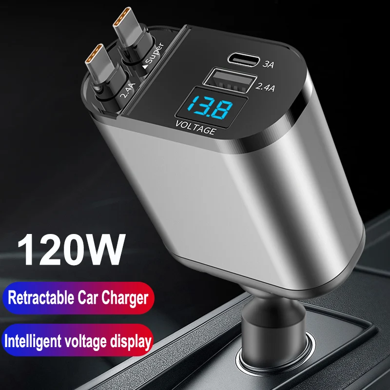 

Retractable Car Charger with Dual Retractable Usb Cord, Usb A PD Port Voltage Meter, Car Cigarette Lighter Adapter for Phone
