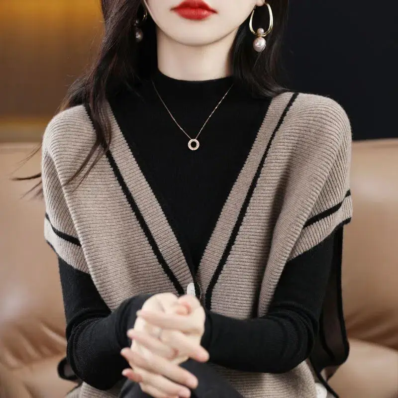 Autumn and Winter New French Tank Top Women\'s Style V-neck Contrast Sleeveless Sweater Tank Top Loose Versatile Knit Top