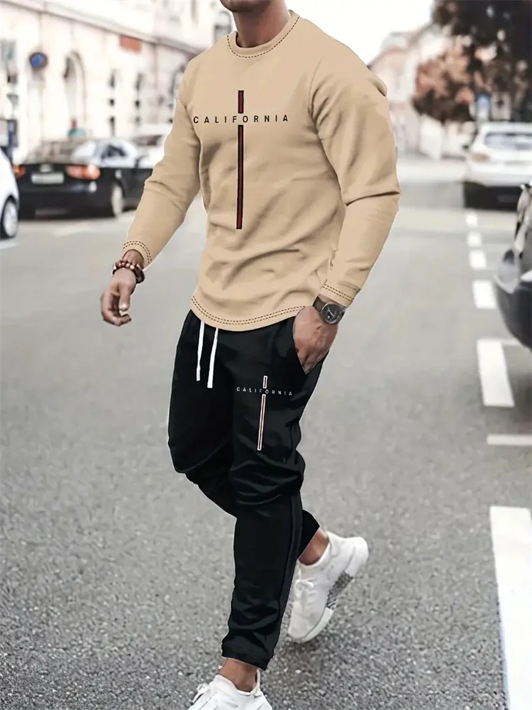 New Fall Men\'s Fashion Clothing Breathable Sportswear Long Sleeve Sweatpants Printed Simple Design Casual Jogging Two Piece Set