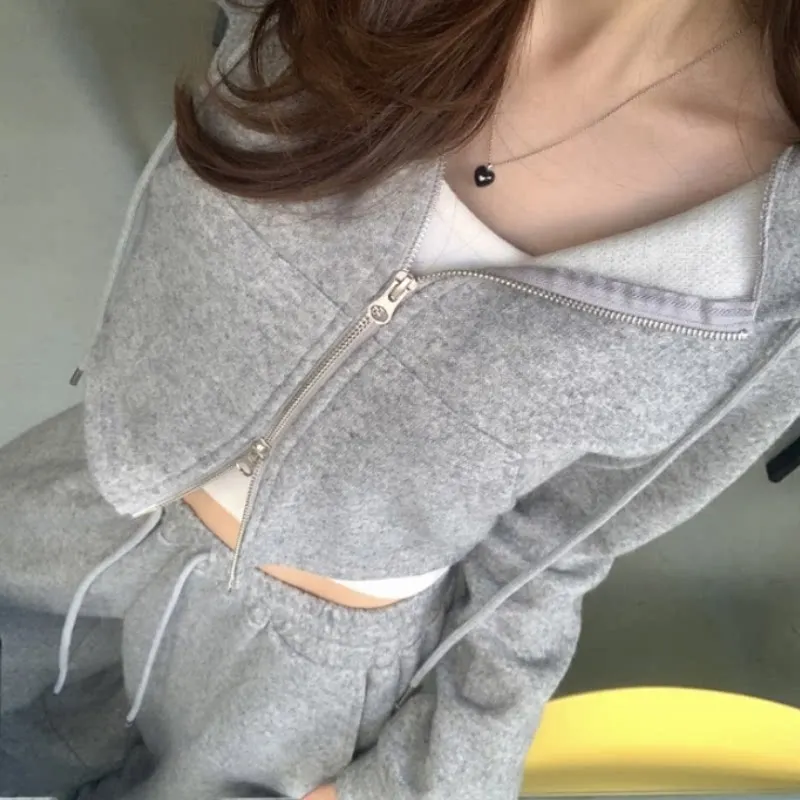 

Loose Long Sve Hoodie Pants Two-Piece Set Women's Casual Wear Double Zipper Design Dongda Gate High Waist Cotton Blend