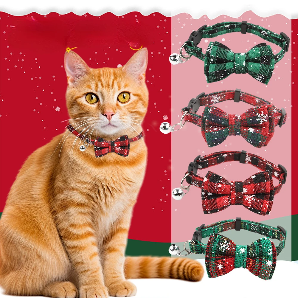 Pet Breakaway Cat Collar Bow Tie and Bell Cute Plaid Christmas Red Elastic Adjustable Dog Collar With Sash Small Bell For Cats