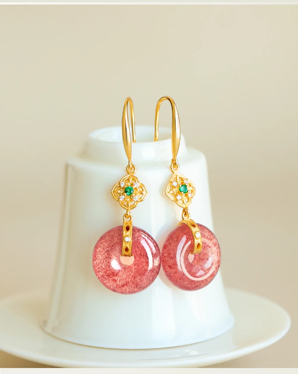 

Pigeon Blood Red Strawberry Crystal Peace Buckle Earrings Sterling Silver Plated Natural Crystal Earrings