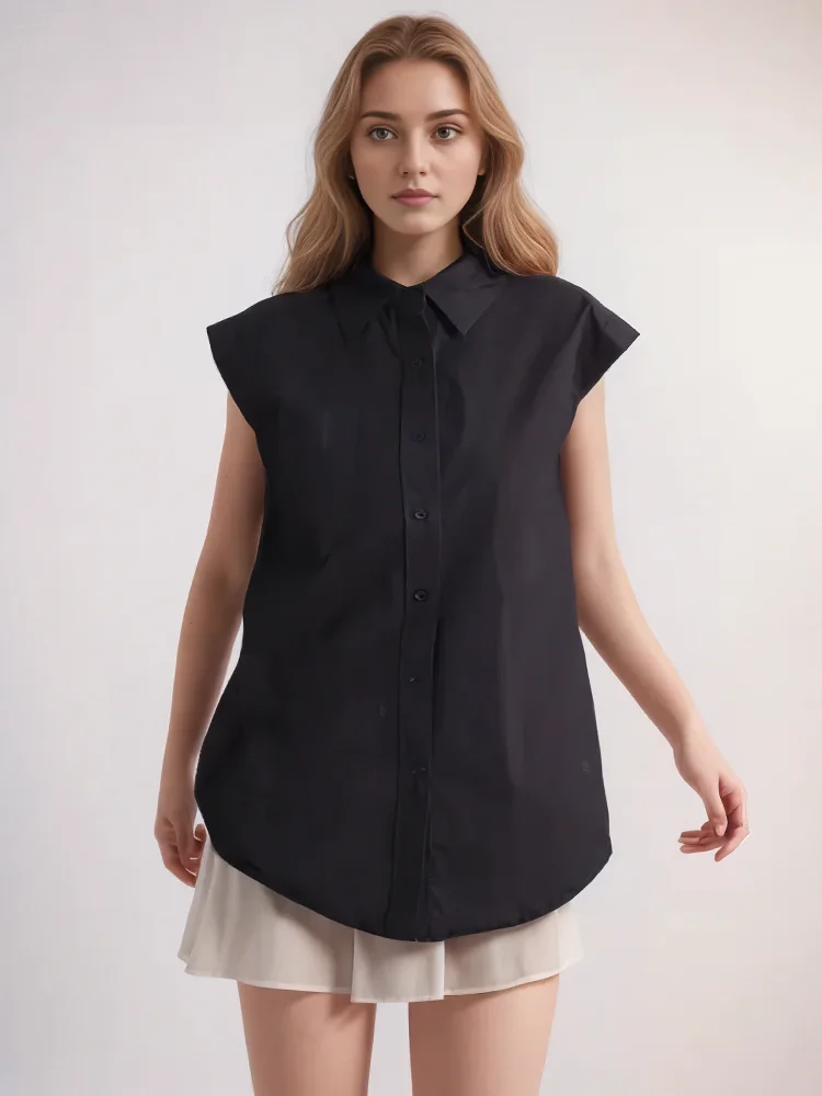 

Solid Shirts For Women Lapel Sleeeveless Patchwork Single Breasted Casual Loose Blouse Female Summer Fashion 2024
