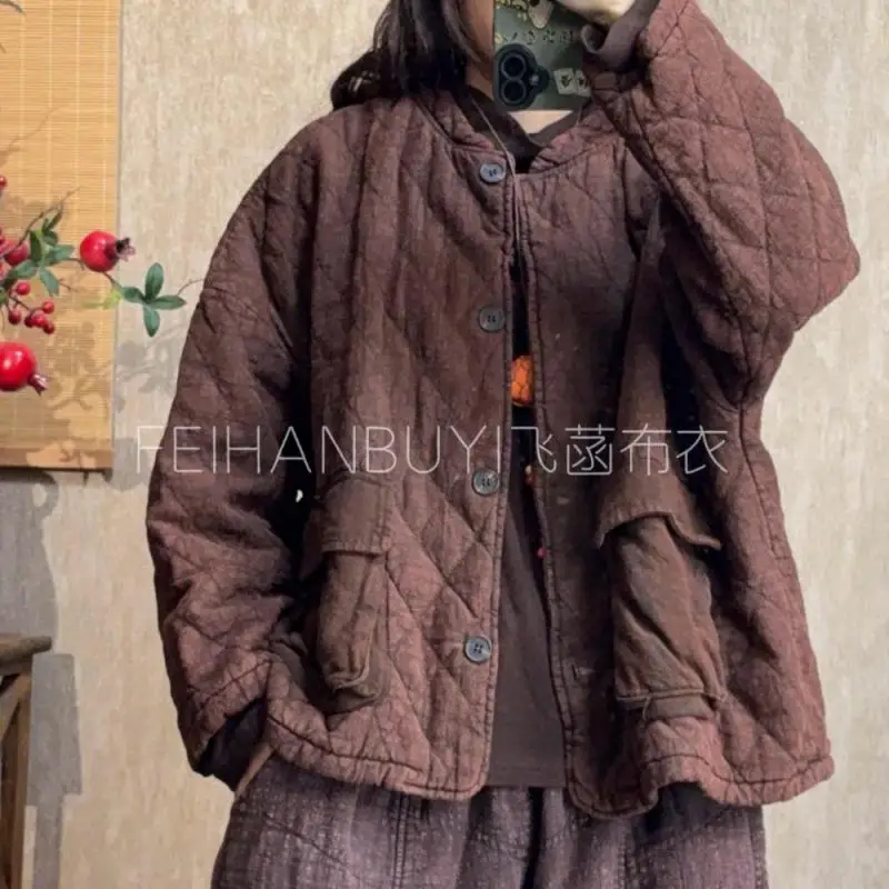 

Осень-зима, женские однобортные свободные куртки с длинными рукавами в стиле искусства, винтажные утепленные пальто с хлопковой подкладкой и двойными карманами F99