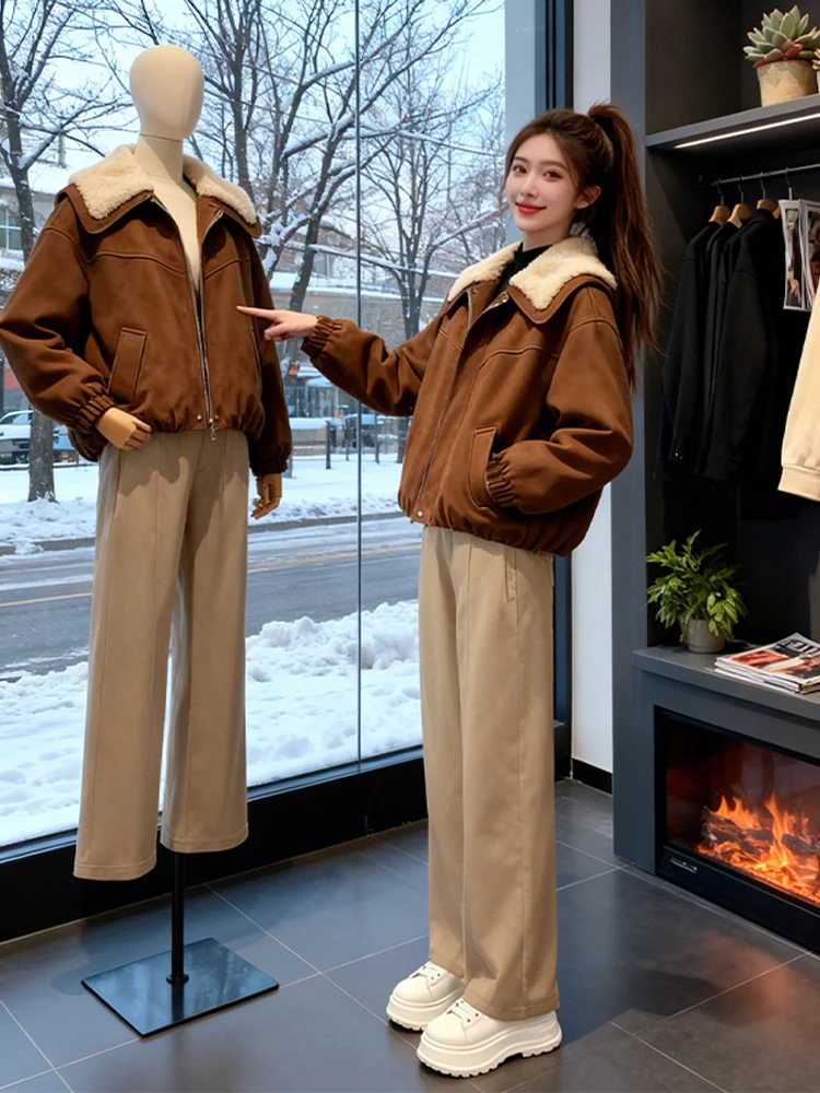 

Retro Warm Faionable Cotton Jaet Set with Lamb Fur Collar ort Wide Leg Pants Casual Women's Autumn Winter Clothing