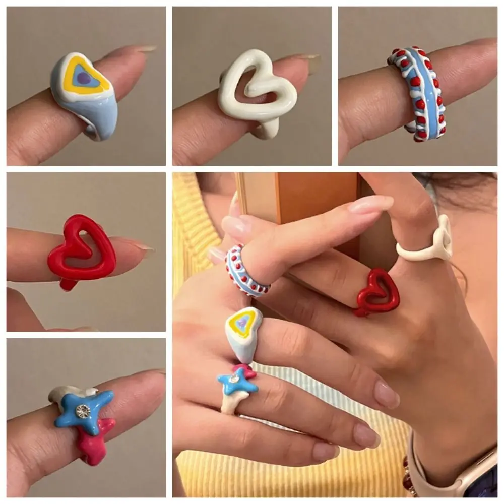 Anillo de corazón esmaltado de estilo coreano para mujer, joyería gruesa Y2K, anillo geométrico, diseño mínimo, hebilla de dedo de aceite de goteo de aleación