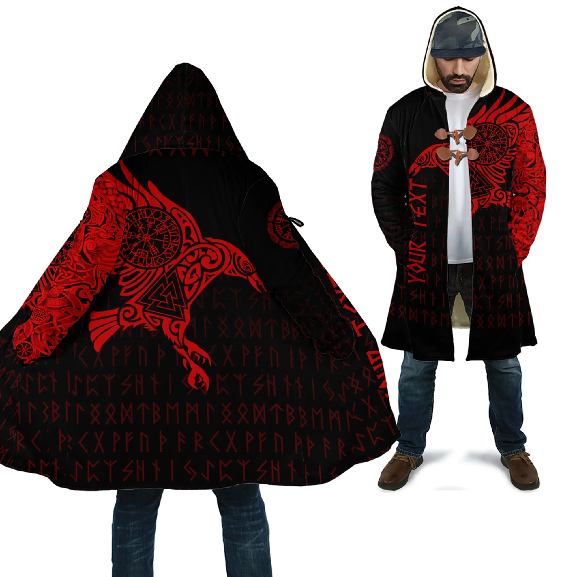 

Custom Name The Raven Of Odin Tattoo Red Version 3D Printed Men's Fleece Hooded Cloak Unisex Casual Thick Warm Cape coat PF101