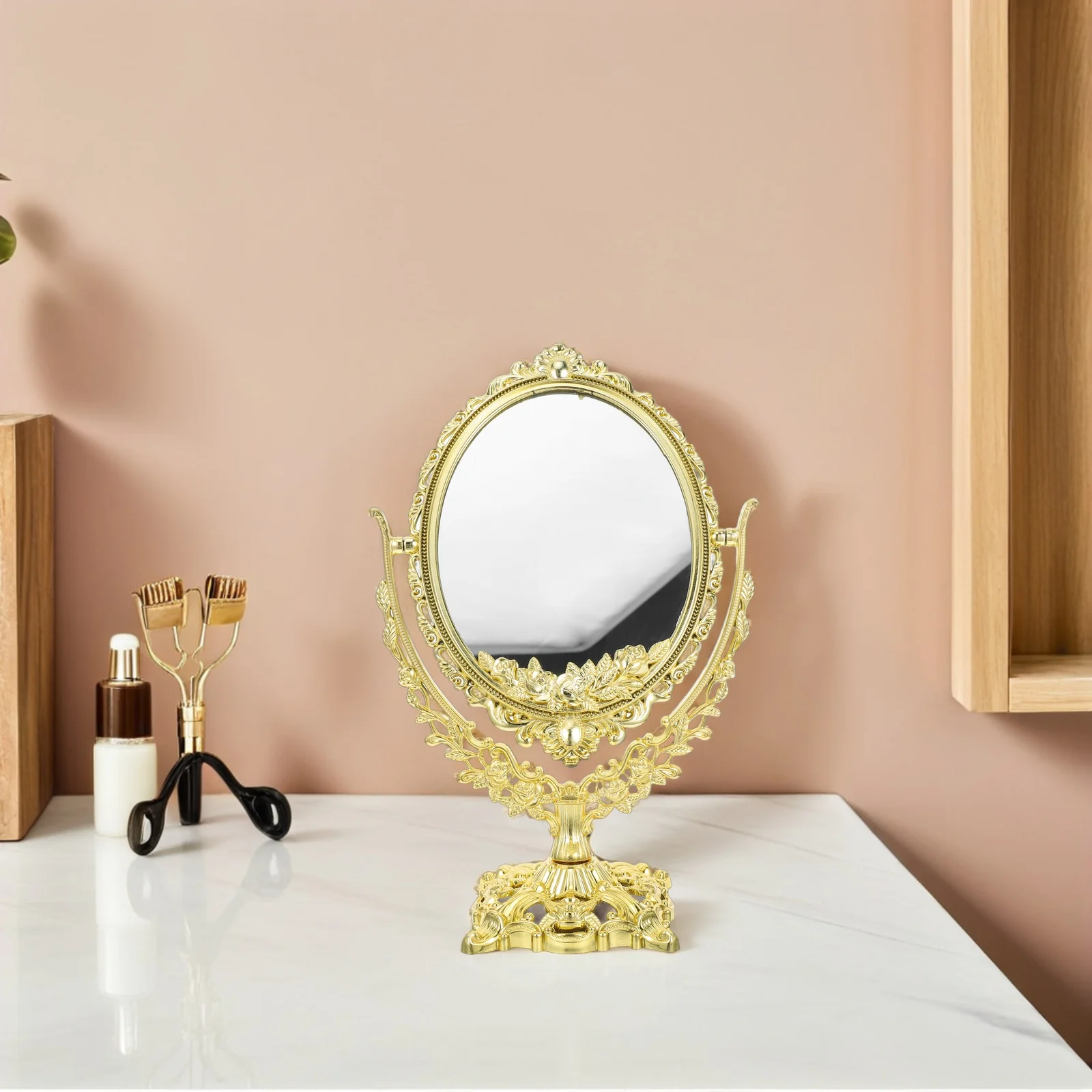 High Definition Vintage ovale spiegel met draaibare standaard Dubbelzijdige functionaliteit Stijlvolle retro-look voor kaptafel Bureau