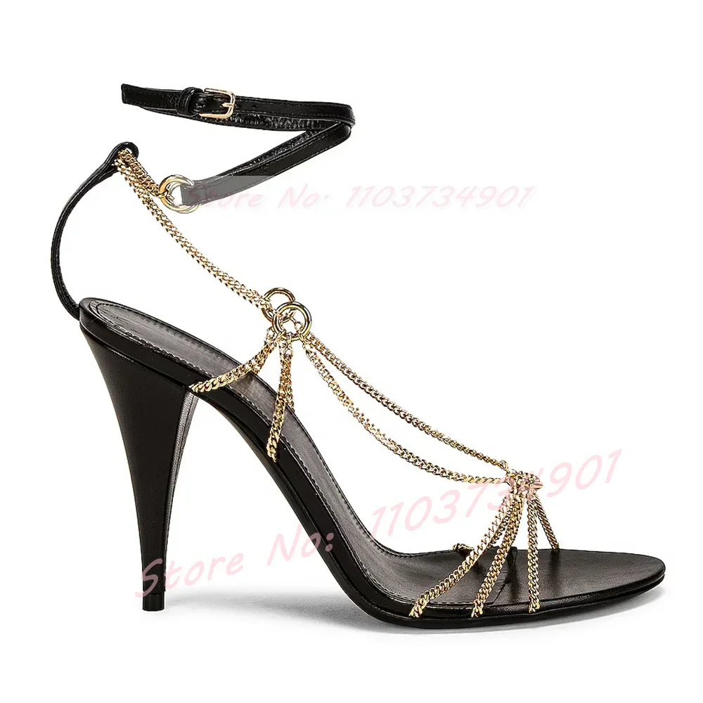 

Золотистые сандалии с цепочками, женские пикантные туфли на высоком каблуке с перекрестным ремешком и пряжкой, женские вечерние модные черные сандалии
