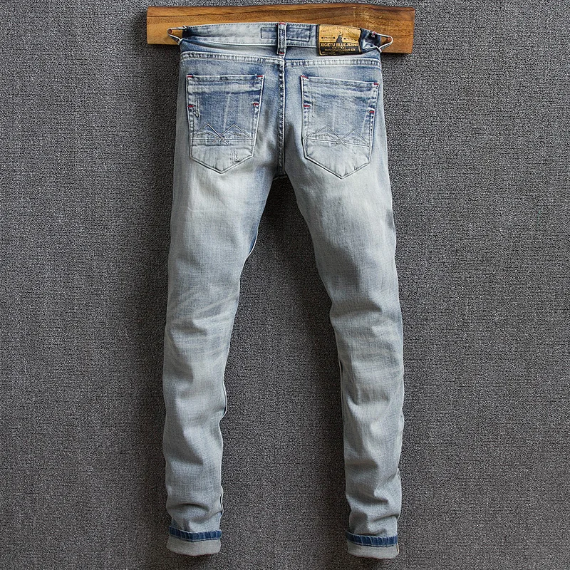 Italian Style Fashion Men Jeans Retro Light Blue Ripped Jeans Men Elastic Patched Designer Slim Fit Vintage Denim Pants Hombre