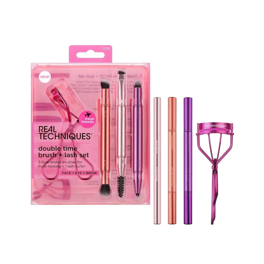 

Double Time Brush + Lash 4 Piece Set with DualEnded Eye Makeup Brushes for Eyeshadow and Brows TravelFriendly Brush Caps for Co