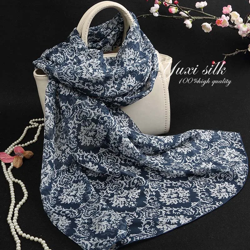 

High Quality Indigo Pattern 100% Silk Long Scarf Shawl Women's Spring, Autumn and Winter Summer