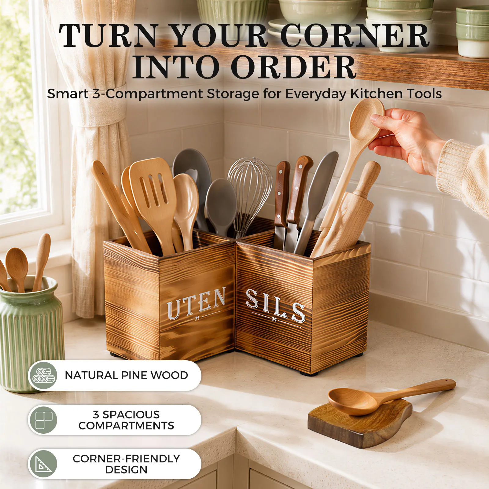 3 Grids Wood Corner Utensil Holder Vintage Kitchen Storage Stand with Spoon Rest Space Saving Tableware Stand for Cookware Tool