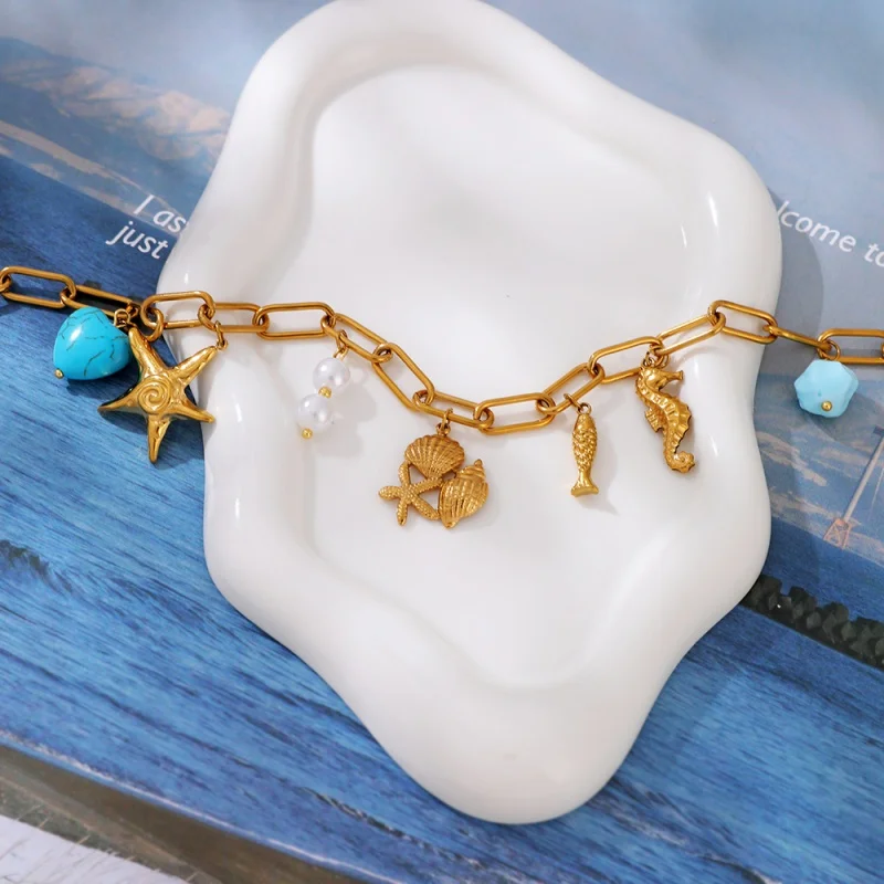 Gold Endless Chain Necklace with Multiple Ocean-Themed Pendants