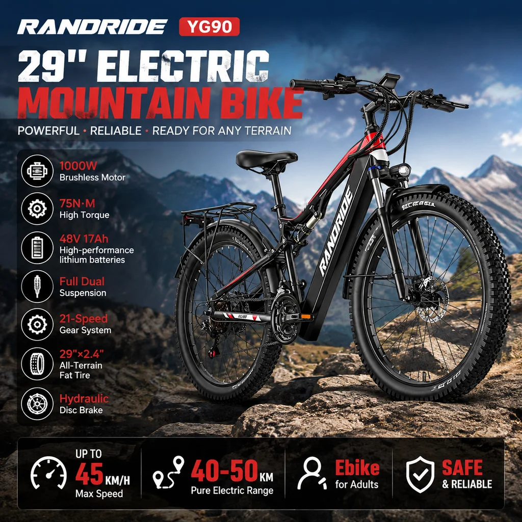 RANDRIDE YG90 29' Elektro-Mountainbike 1000W bürstenloser Motor 75N·M 48V17Ah Hochleistungs-Lithiumbatterien Vollfederung 21-Gang 29'×2.4' All-Terrain-Fat-Tire Hydraulische Scheibenbremse bis zu