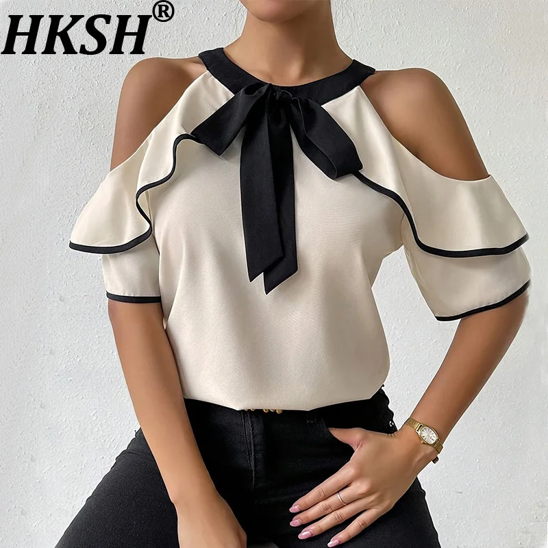

Женская блузка HKSH с открытыми плечами, оборками и бантом, контрастных цветов, с короткими рукавами, элегантная офисная блузка, модный летний топ HK22431