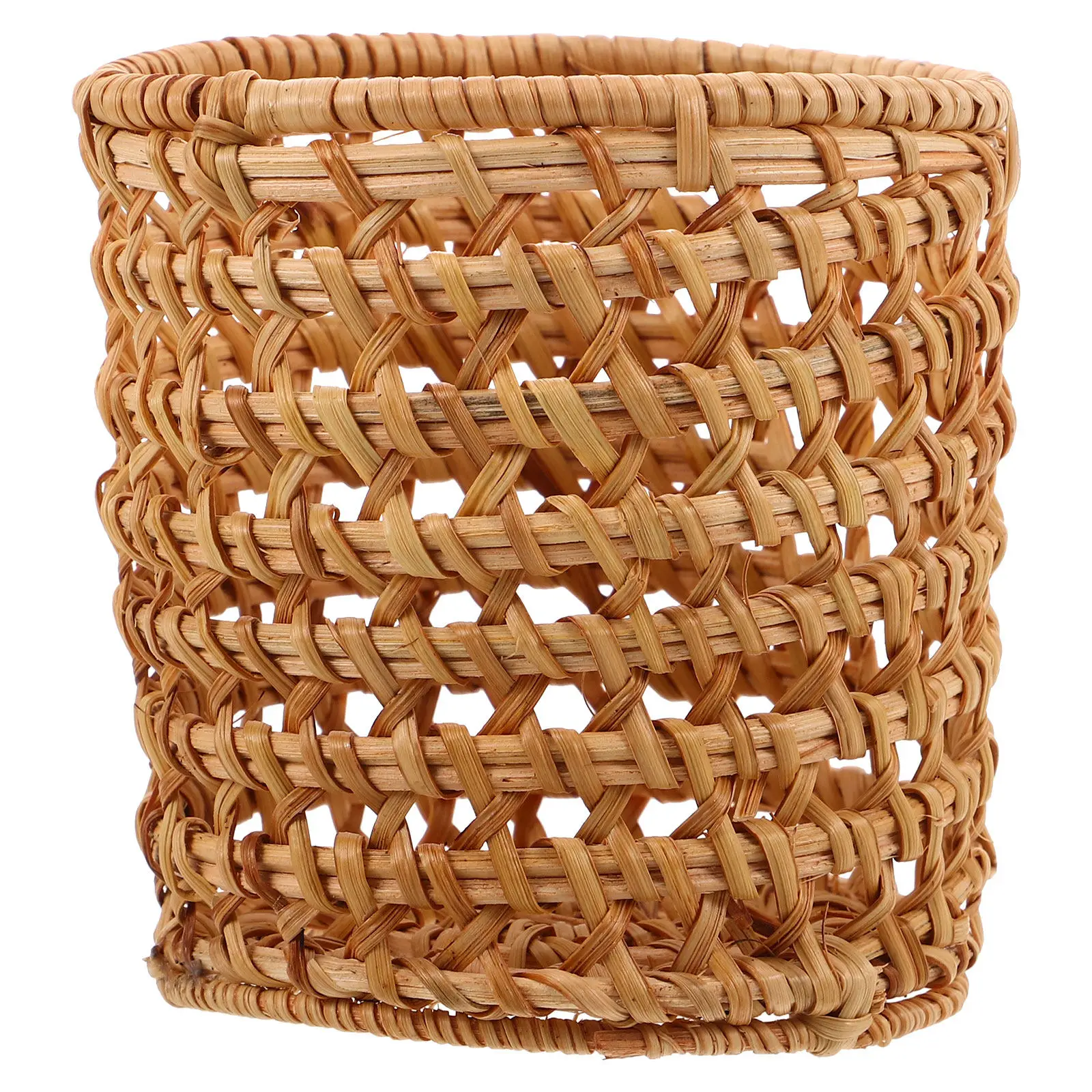 Cylindrical Rattan Pen Holder Handmade Woven Desktop Basket for Pens Pencils Markers Makeup Brushes Stationery Vintage Aesthetic