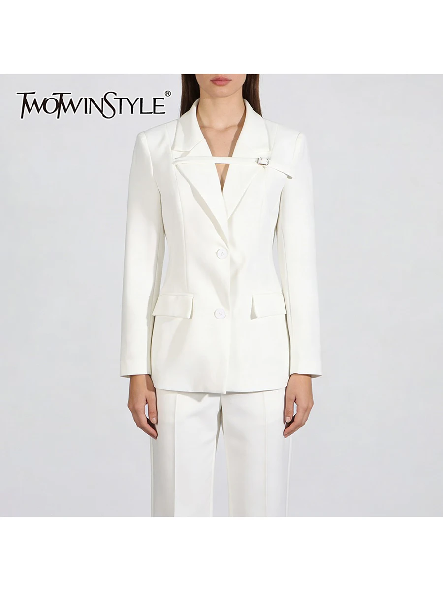 

TWOTWINSTYLE Temperament Slimming Spliced Lace Up Blazers for Women Lapel Long Sleeves Patchwork Button Minimalist Blazer Female