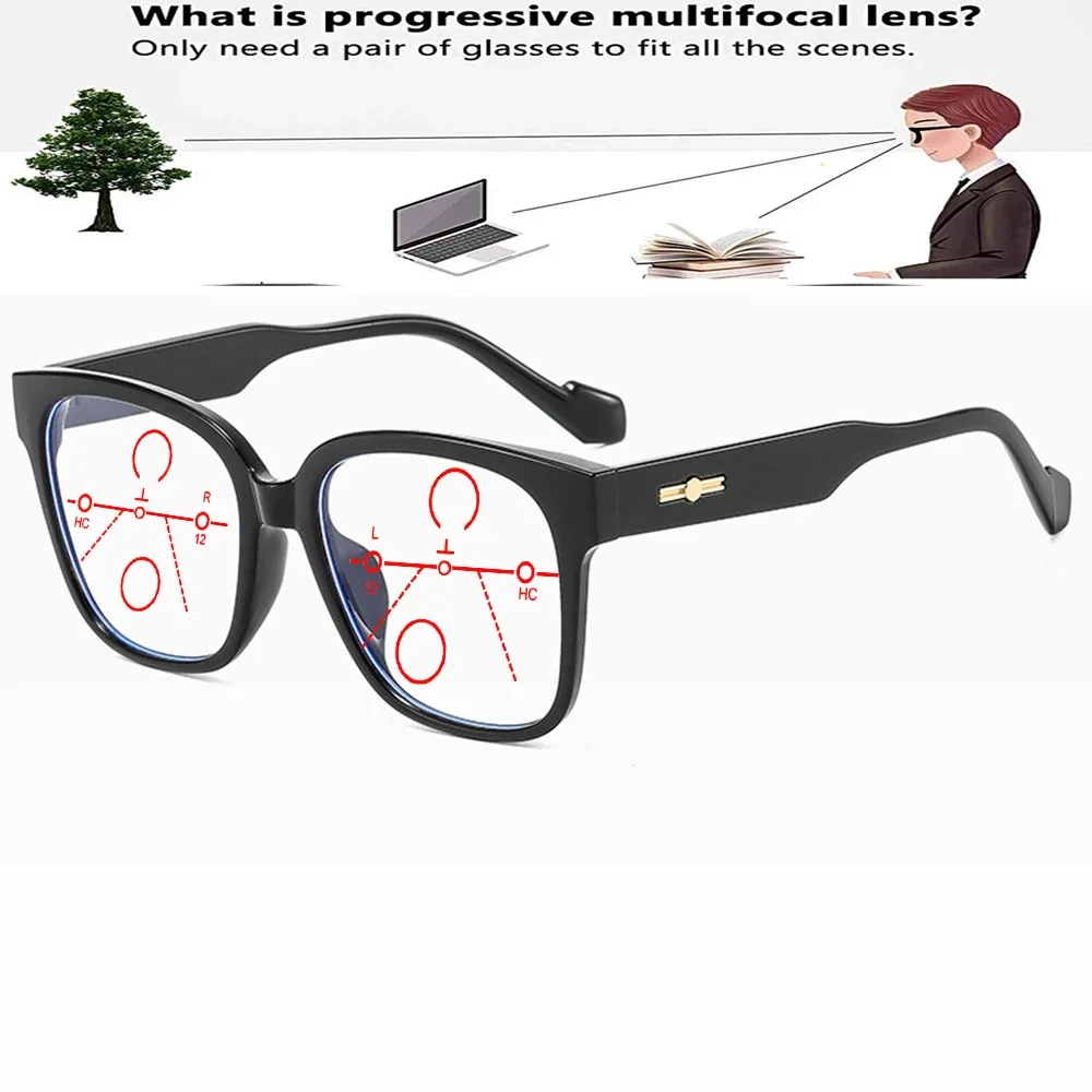 

Metal Trim Temples Black Oversized Full-rim Square Comfortable Progressive Multifocal Reading Glasses +0.75 To +4