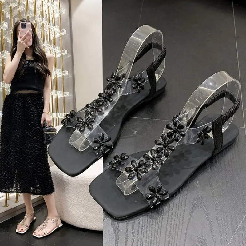 

Rhinestone Transparent Heel Sandals For Women Summer flattie Square Heel Open Toe Sandals Woman Wedding Dress Shoes Plus Size 43