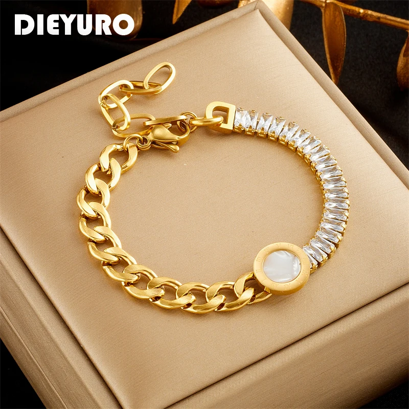 DIEYURO 316L Stainless Steel Round Roman Numeral Dial Charm Bracelet For Women Vintage Asymmetrical Zircon Chain Jewelry Gifts